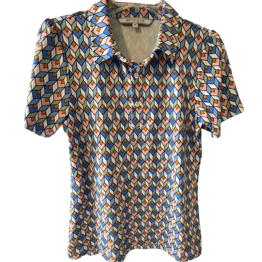Smith & Quinn Womens M Geometric Diamond Print Short Sleeve Polo Top Blue Pink